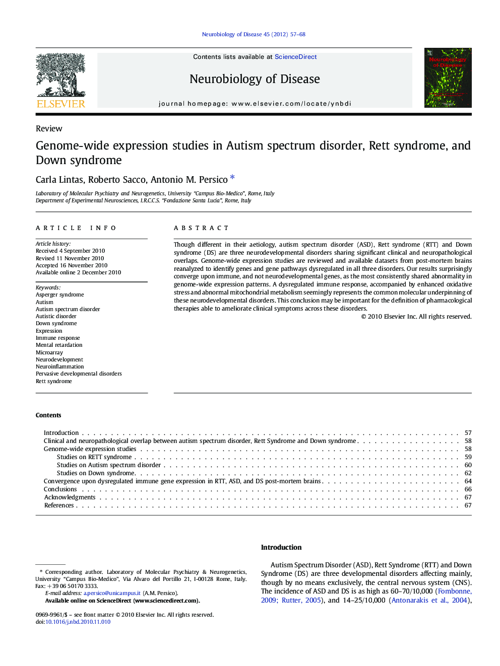 Genome-wide expression studies in Autism spectrum disorder, Rett syndrome, and Down syndrome