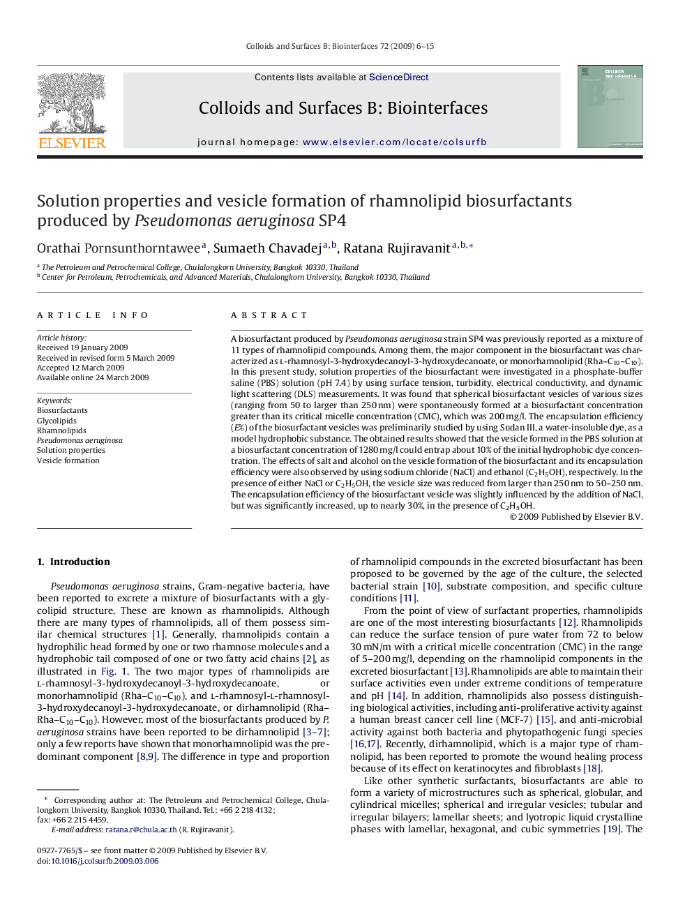 Solution properties and vesicle formation of rhamnolipid biosurfactants produced by Pseudomonas aeruginosa SP4