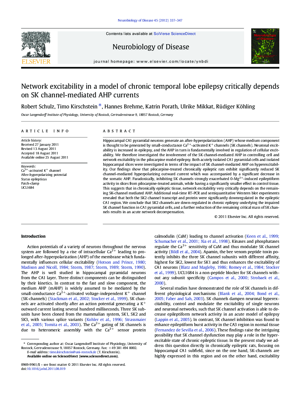 Network excitability in a model of chronic temporal lobe epilepsy critically depends on SK channel-mediated AHP currents