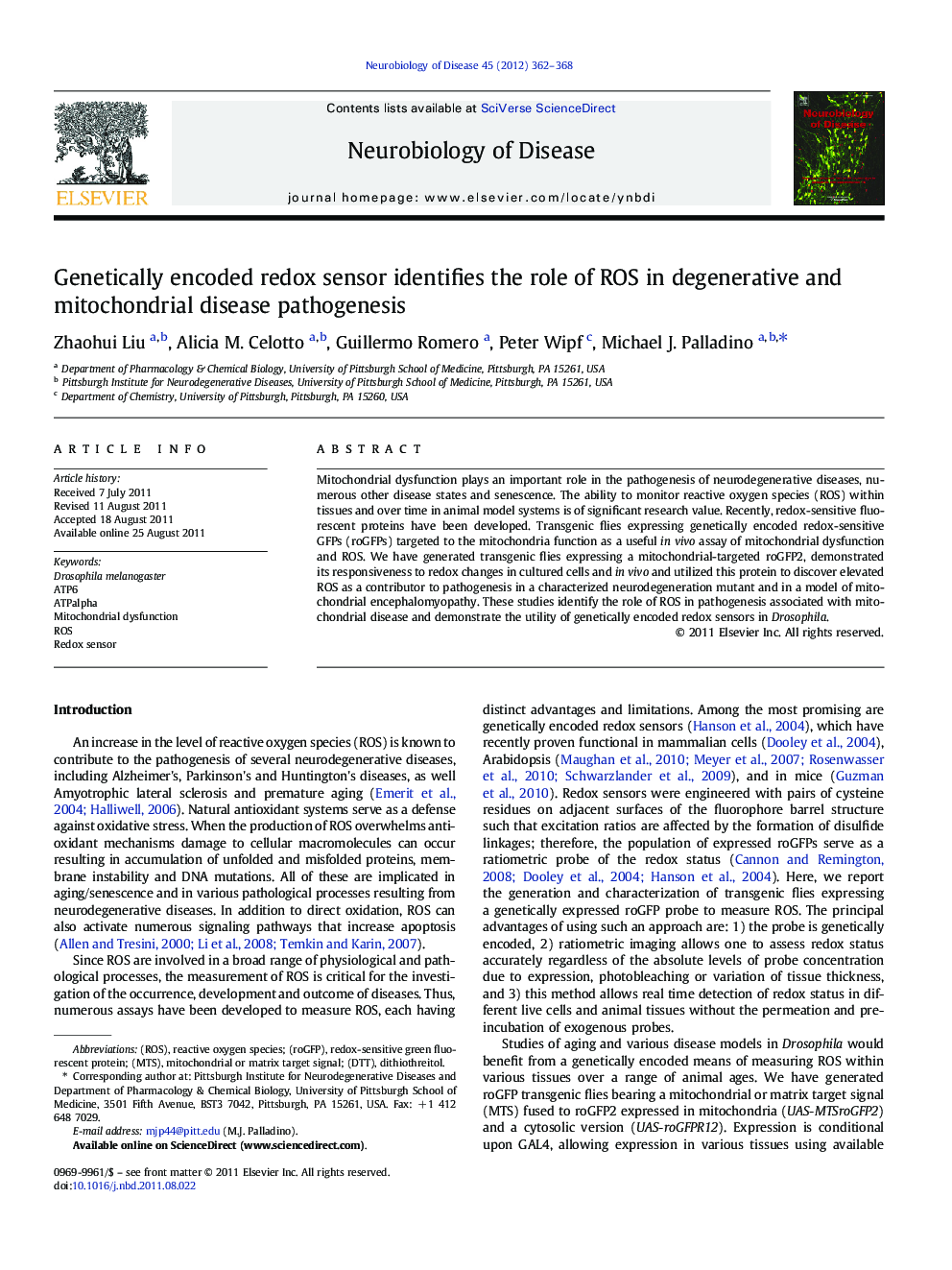 Genetically encoded redox sensor identifies the role of ROS in degenerative and mitochondrial disease pathogenesis