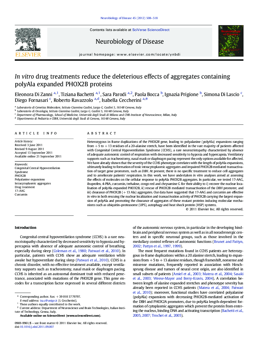 In vitro drug treatments reduce the deleterious effects of aggregates containing polyAla expanded PHOX2B proteins