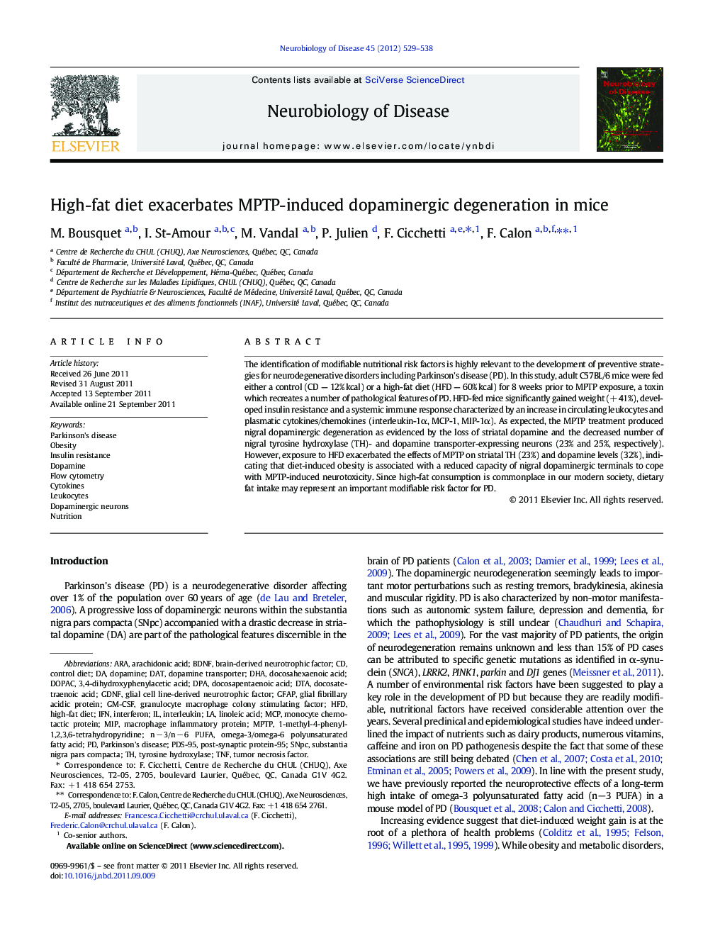 High-fat diet exacerbates MPTP-induced dopaminergic degeneration in mice