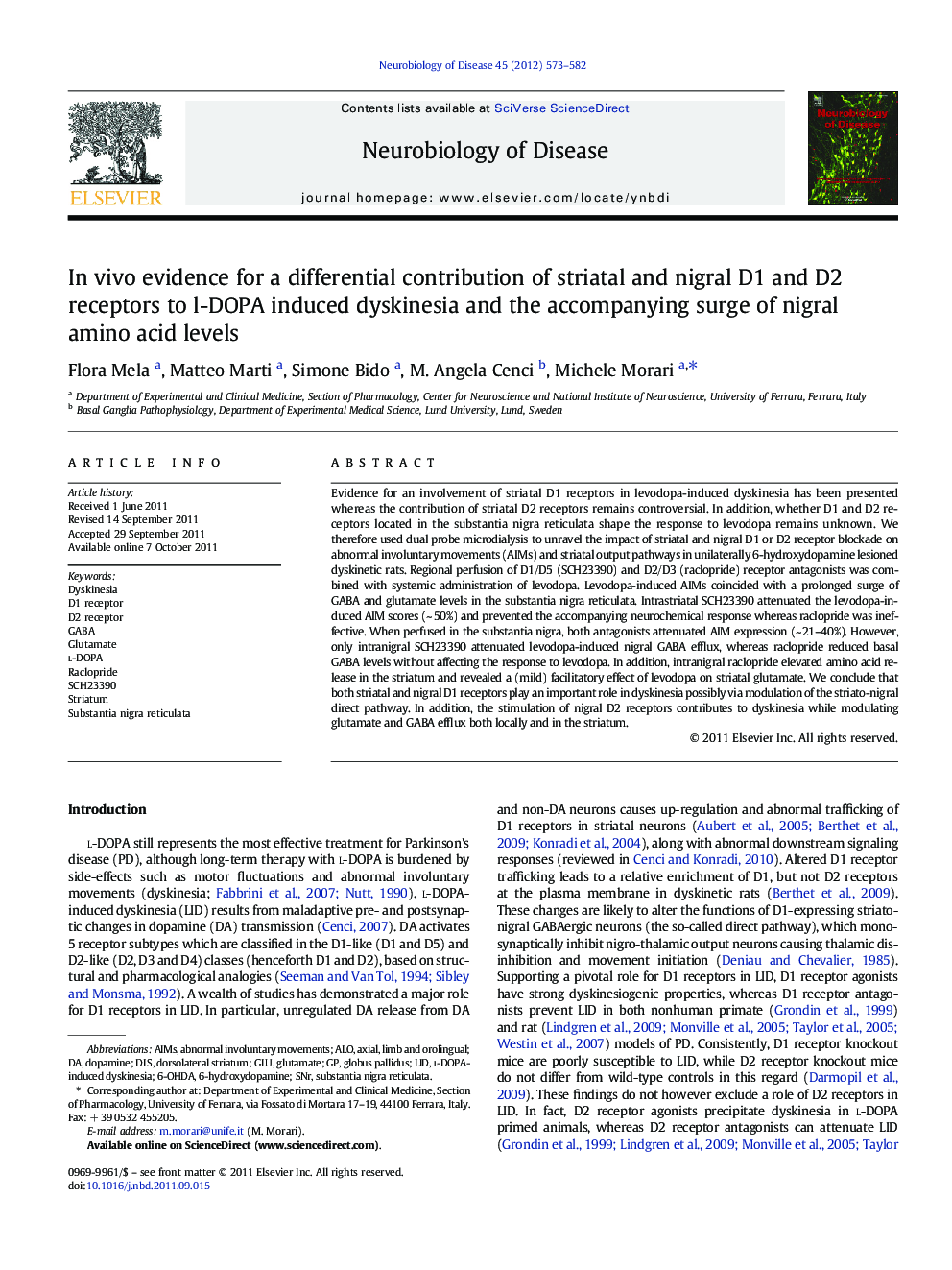 In vivo evidence for a differential contribution of striatal and nigral D1 and D2 receptors to l-DOPA induced dyskinesia and the accompanying surge of nigral amino acid levels