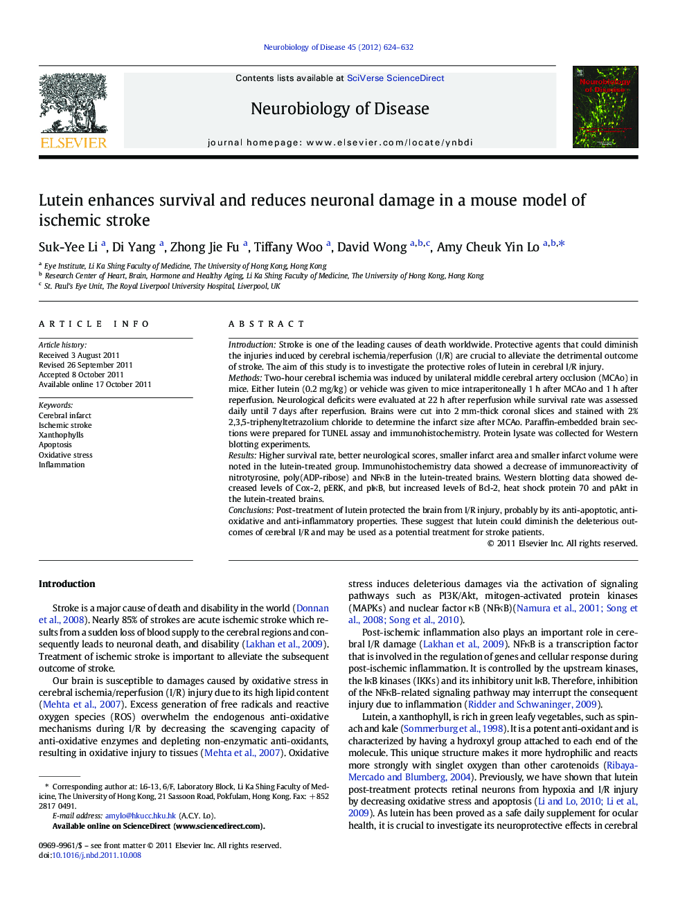 Lutein enhances survival and reduces neuronal damage in a mouse model of ischemic stroke