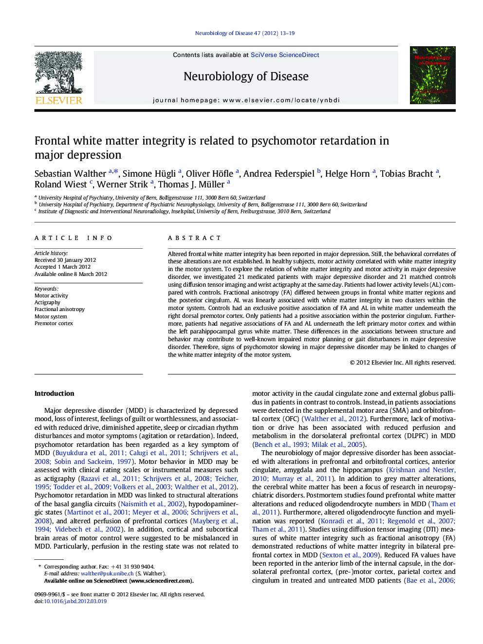 Frontal white matter integrity is related to psychomotor retardation in major depression