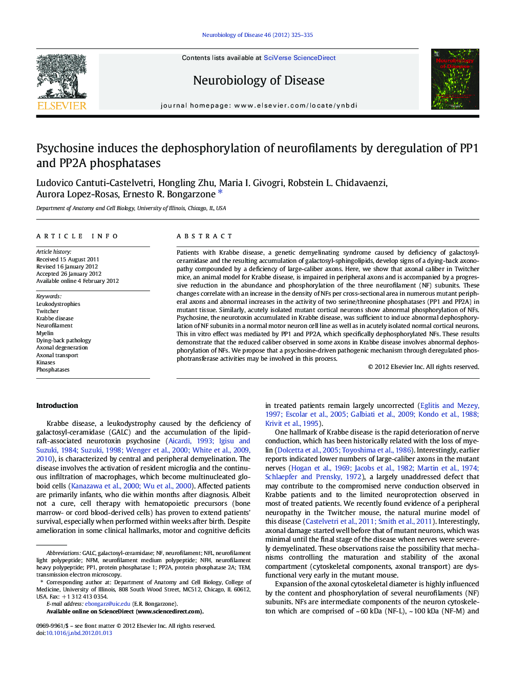 Psychosine induces the dephosphorylation of neurofilaments by deregulation of PP1 and PP2A phosphatases