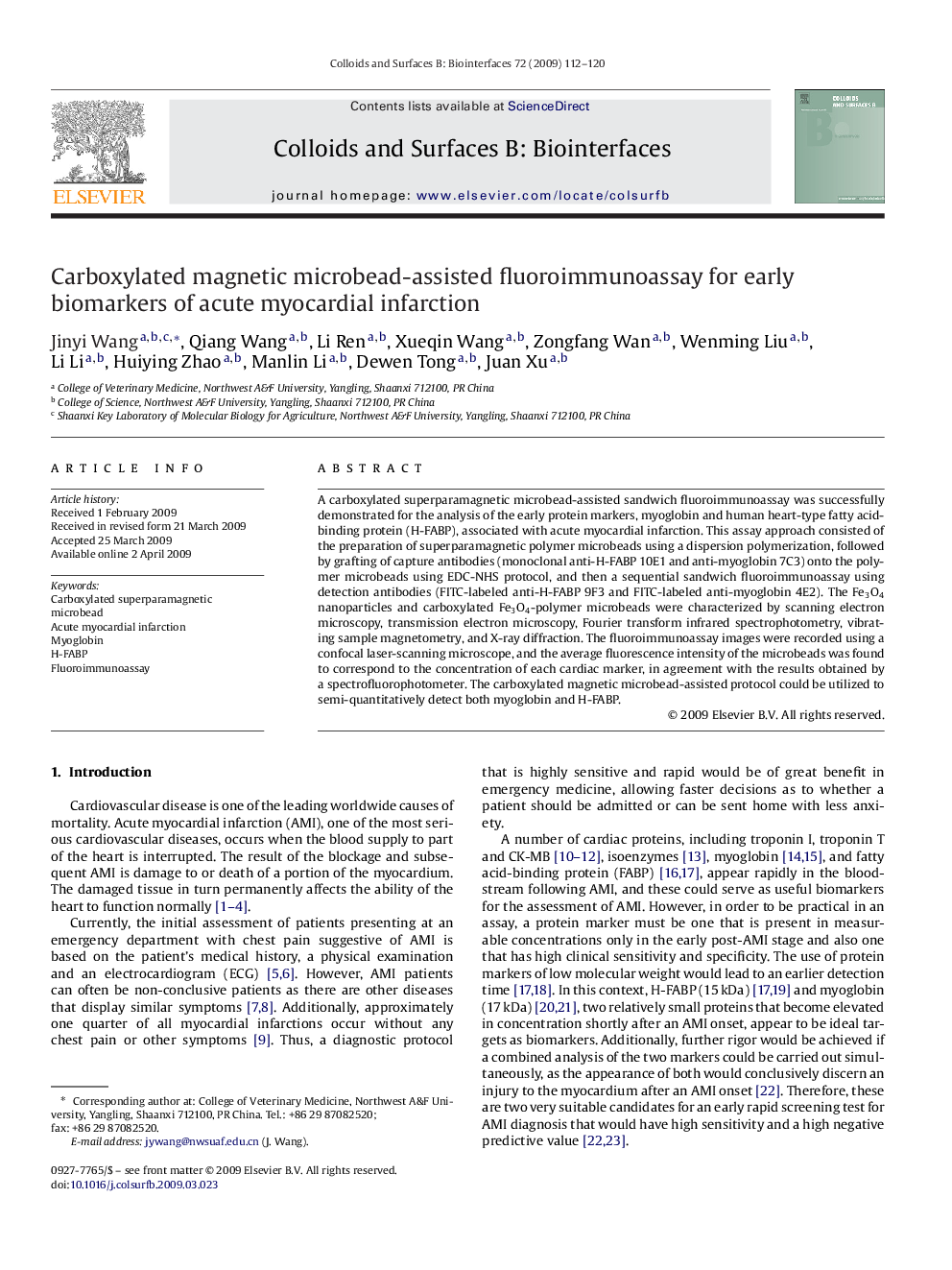 Carboxylated magnetic microbead-assisted fluoroimmunoassay for early biomarkers of acute myocardial infarction