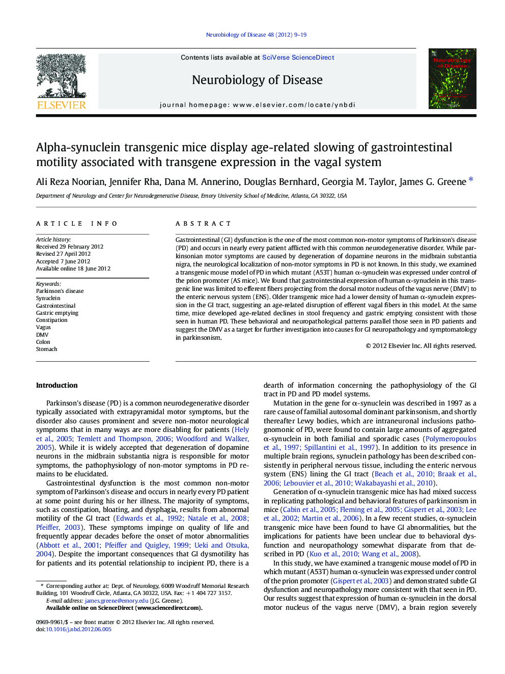 Alpha-synuclein transgenic mice display age-related slowing of gastrointestinal motility associated with transgene expression in the vagal system