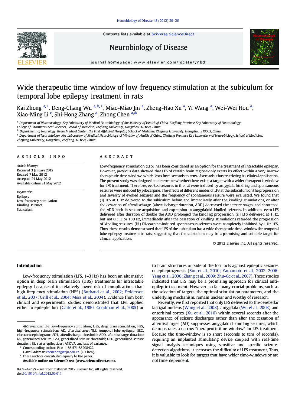 Wide therapeutic time-window of low-frequency stimulation at the subiculum for temporal lobe epilepsy treatment in rats