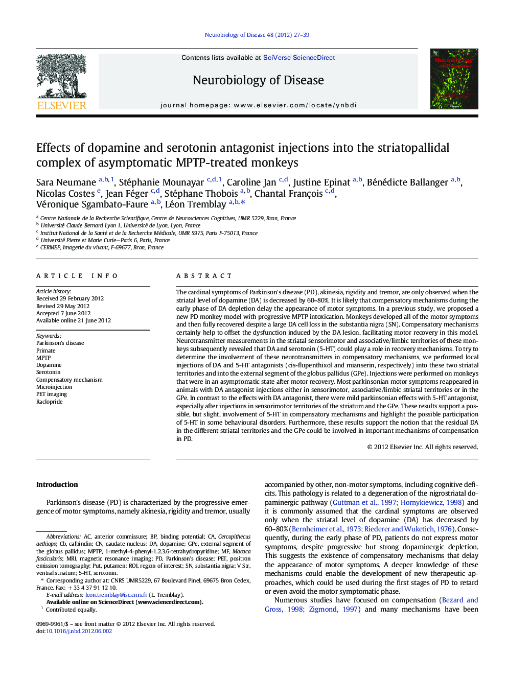 عکس صفحه اول مقاله: Effects of dopamine and serotonin antagonist injections into the striatopallidal complex of asymptomatic MPTP-treated monkeys Effects of dopamine and serotonin antagonist injections into the striatopallidal complex of asymptomatic MPTP-treated monkeys