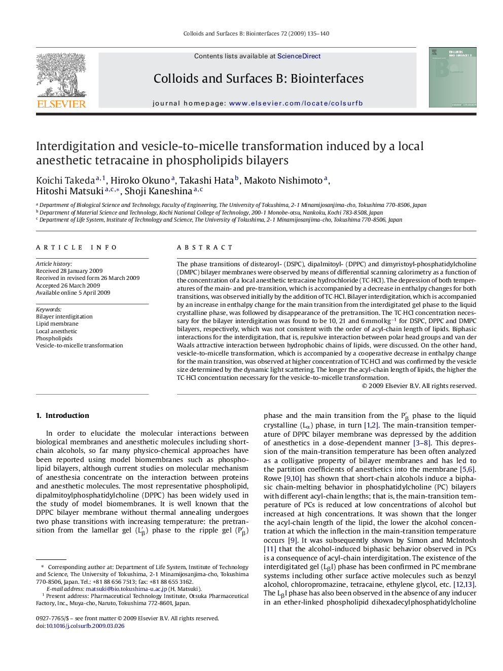 Interdigitation and vesicle-to-micelle transformation induced by a local anesthetic tetracaine in phospholipids bilayers