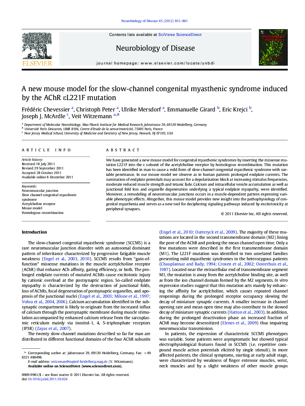 A new mouse model for the slow-channel congenital myasthenic syndrome induced by the AChR ÎµL221F mutation