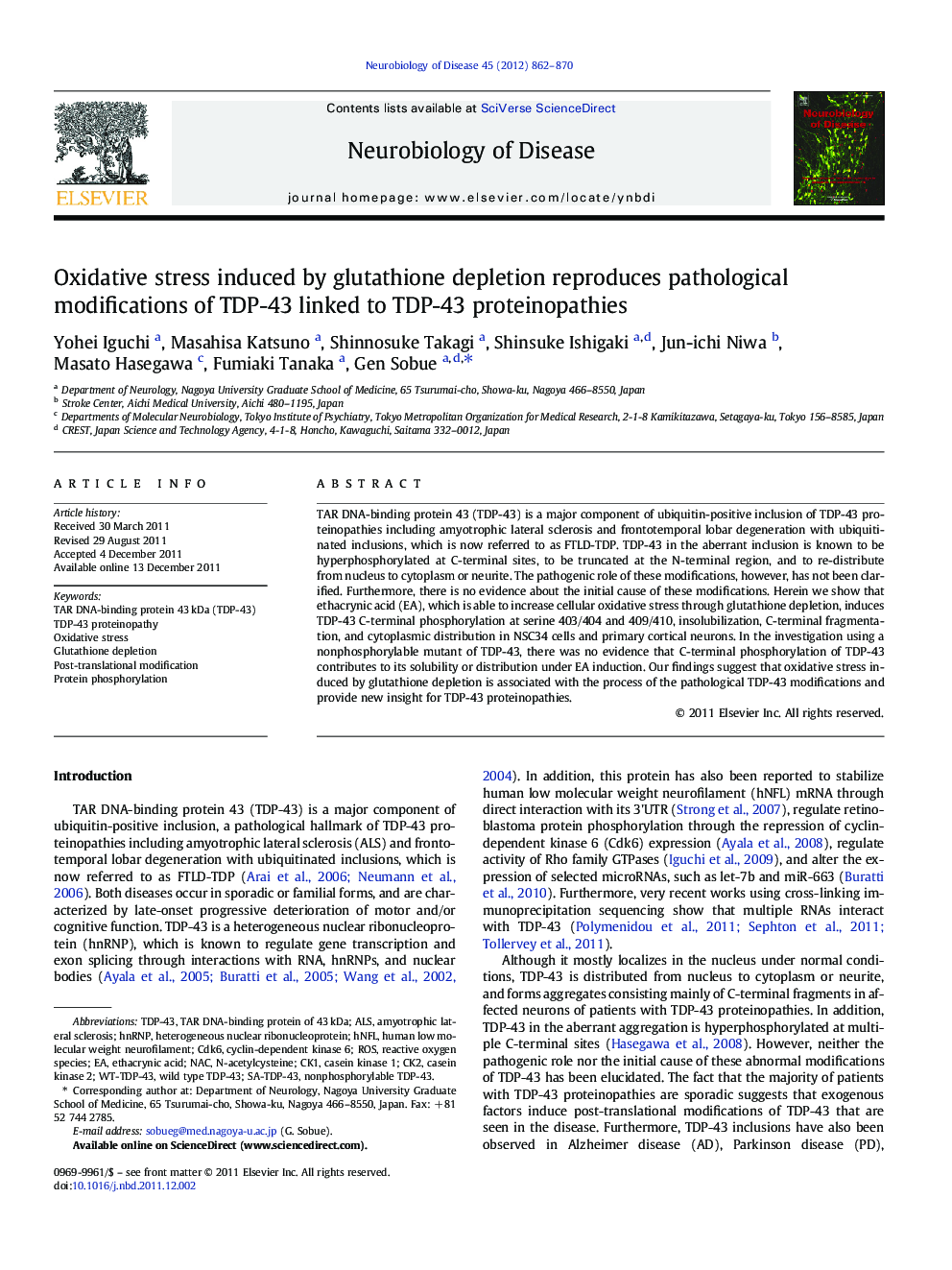 Oxidative stress induced by glutathione depletion reproduces pathological modifications of TDP-43 linked to TDP-43 proteinopathies