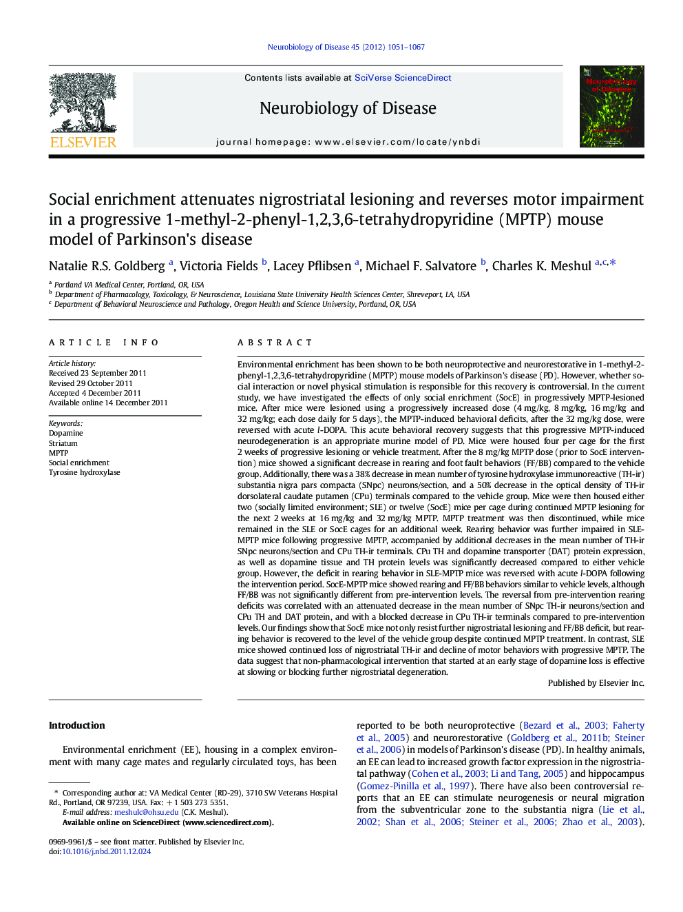 Social enrichment attenuates nigrostriatal lesioning and reverses motor impairment in a progressive 1-methyl-2-phenyl-1,2,3,6-tetrahydropyridine (MPTP) mouse model of Parkinson's disease