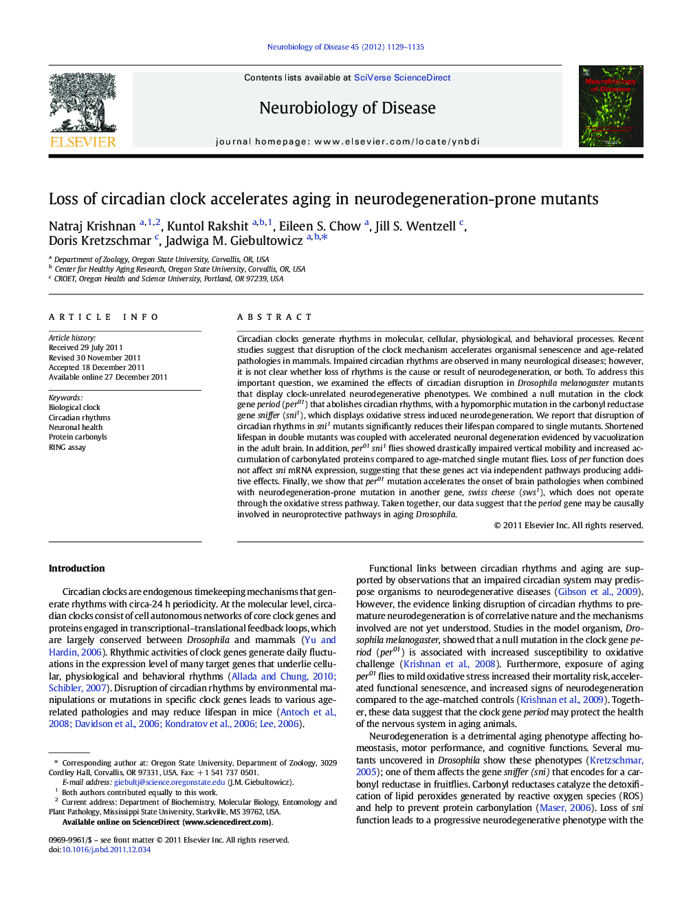 Loss of circadian clock accelerates aging in neurodegeneration-prone mutants