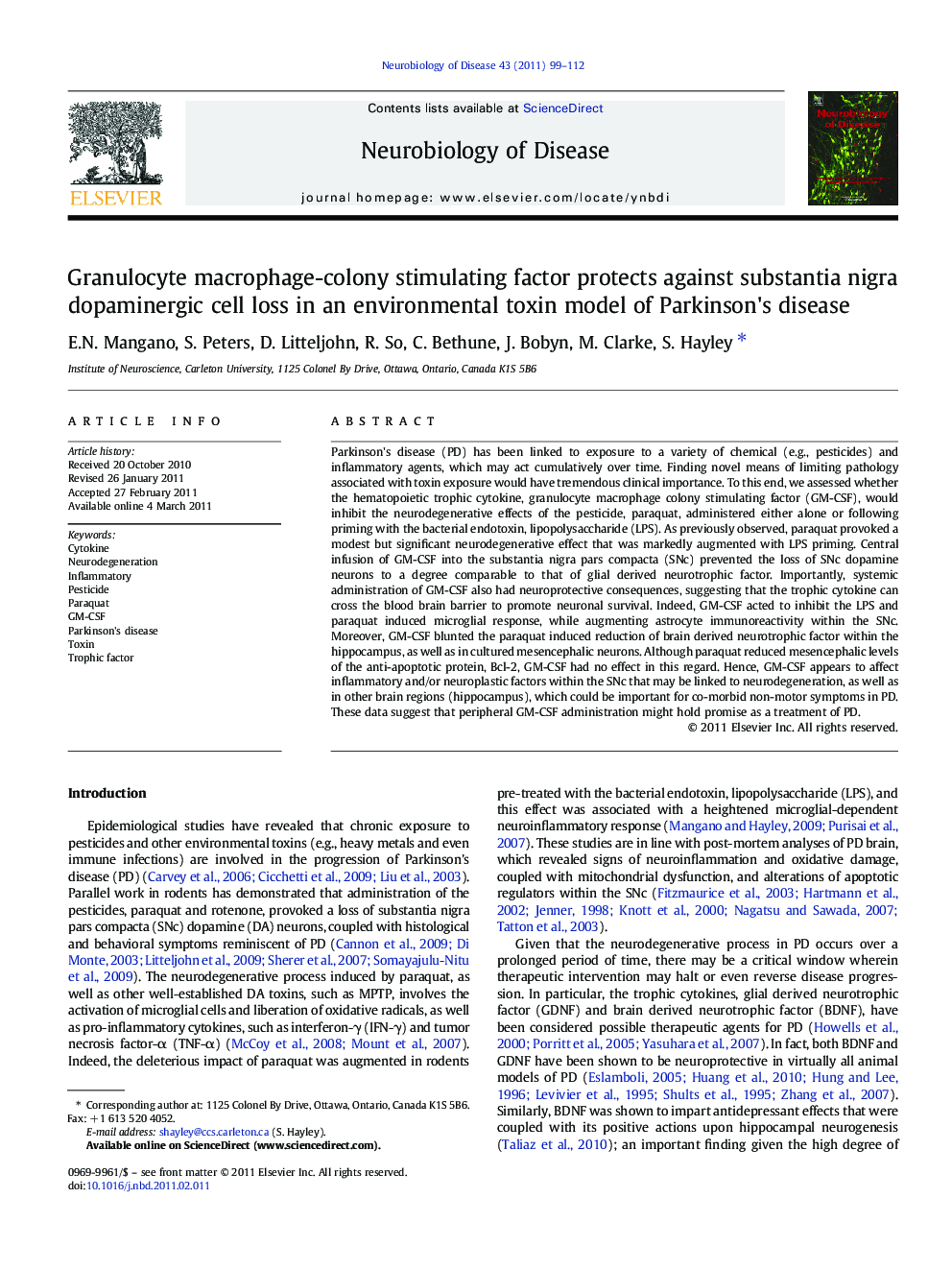 عکس صفحه اول مقاله: Granulocyte macrophage-colony stimulating factor protects against substantia nigra dopaminergic cell loss in an environmental toxin model of Parkinson's disease Granulocyte macrophage-colony stimulating factor protects against substantia nigra dopaminergic cell loss in an environmental toxin model of Parkinson's disease