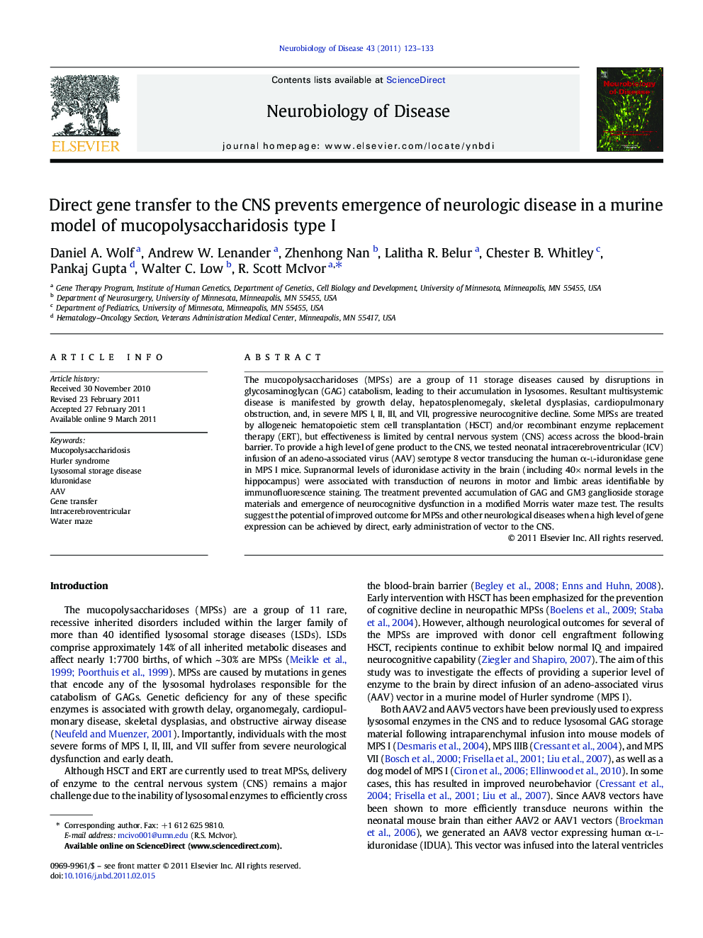 Direct gene transfer to the CNS prevents emergence of neurologic disease in a murine model of mucopolysaccharidosis type I