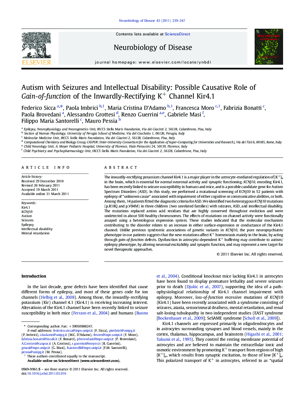 Autism with Seizures and Intellectual Disability: Possible Causative Role of Gain-of-function of the Inwardly-Rectifying K+ Channel Kir4.1