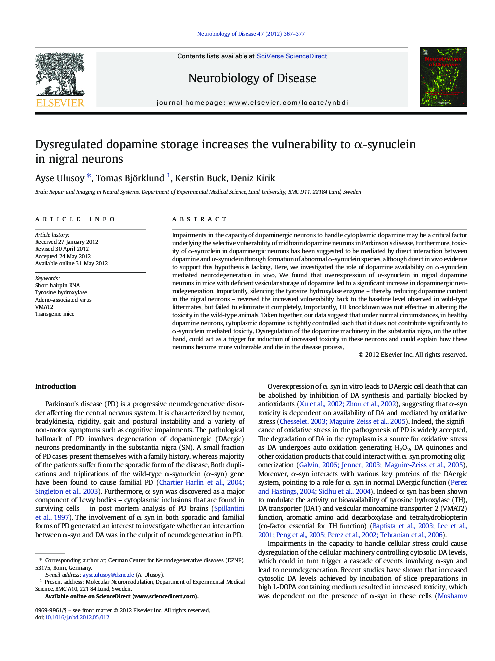 Dysregulated dopamine storage increases the vulnerability to Î±-synuclein in nigral neurons