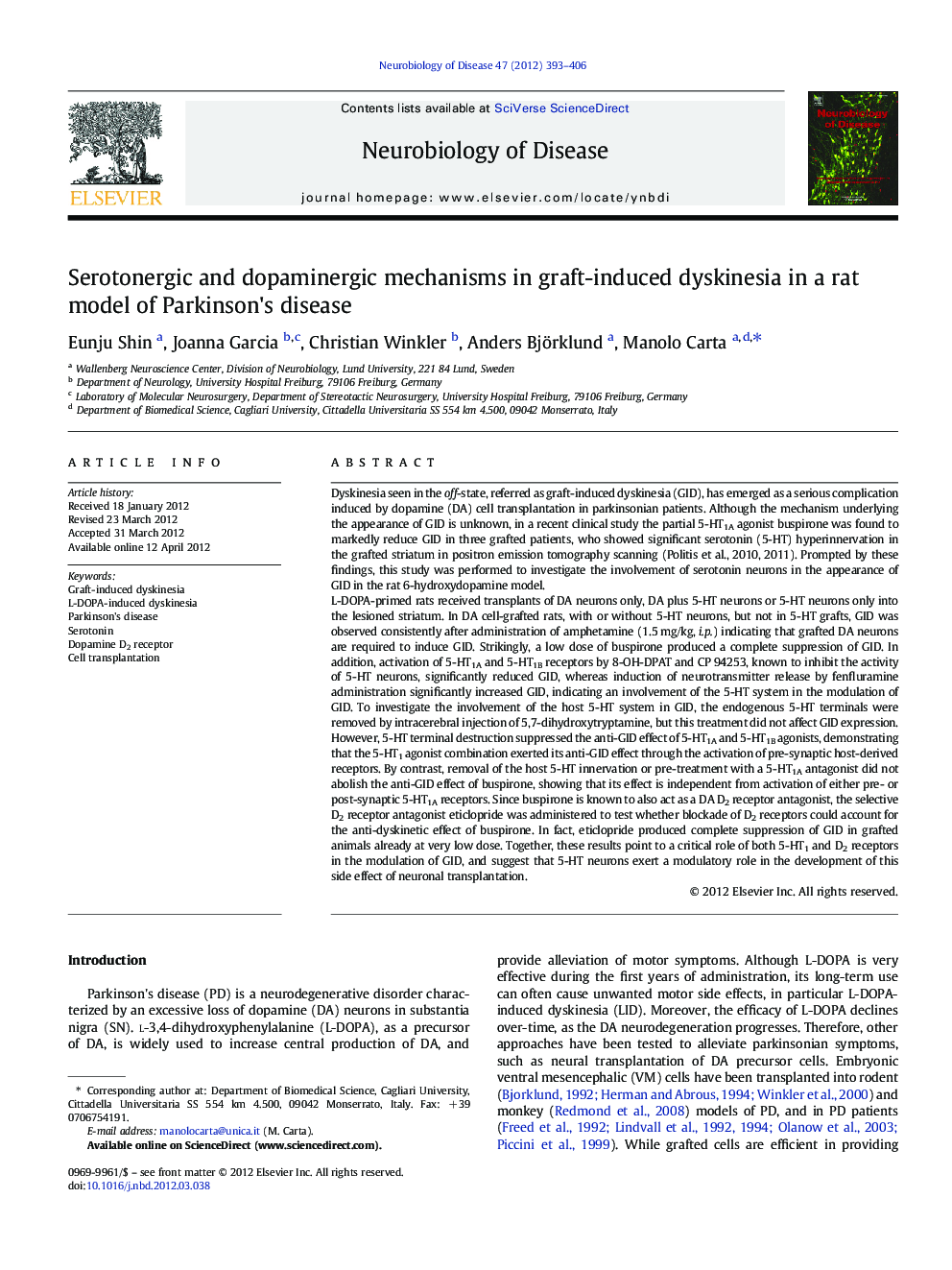 Serotonergic and dopaminergic mechanisms in graft-induced dyskinesia in a rat model of Parkinson's disease