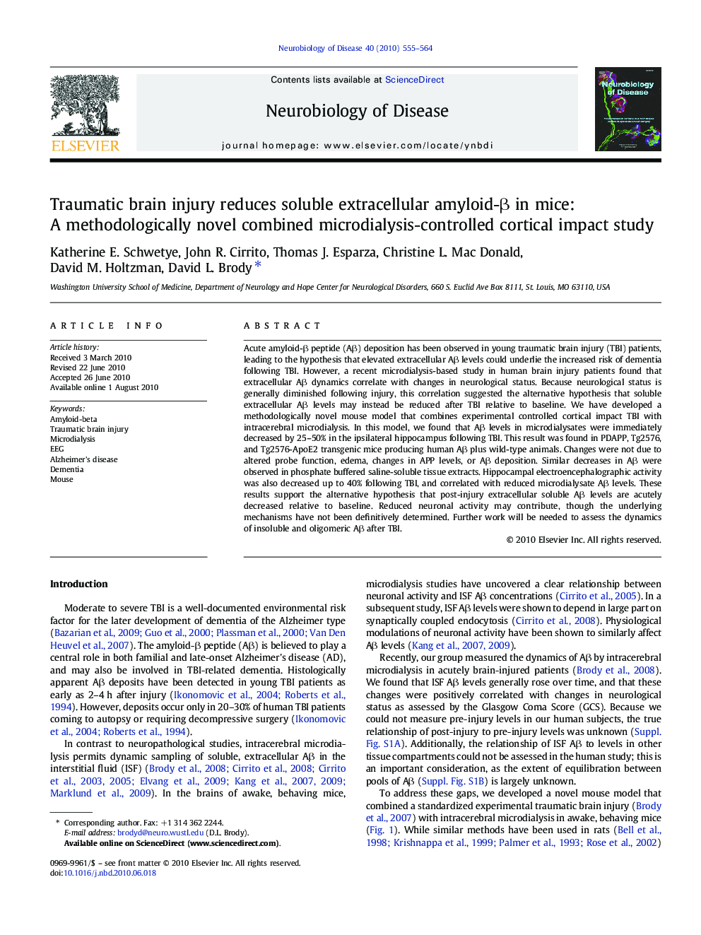 Traumatic brain injury reduces soluble extracellular amyloid-Î² in mice: A methodologically novel combined microdialysis-controlled cortical impact study