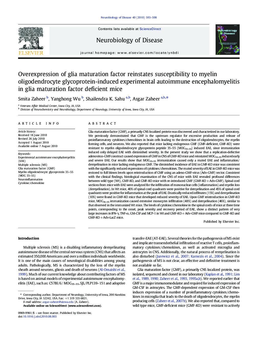 Overexpression of glia maturation factor reinstates susceptibility to myelin oligodendrocyte glycoprotein-induced experimental autoimmune encephalomyelitis in glia maturation factor deficient mice