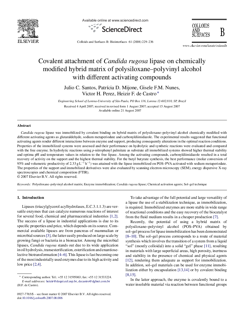عکس صفحه اول مقاله: Covalent attachment of Candida rugosa lipase on chemically modified hybrid matrix of polysiloxane-polyvinyl alcohol with different activating compounds Covalent attachment of Candida rugosa lipase on chemically modified hybrid matrix of polysiloxane-polyvinyl alcohol with different activating compounds