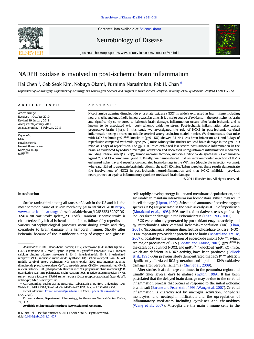 NADPH oxidase is involved in post-ischemic brain inflammation