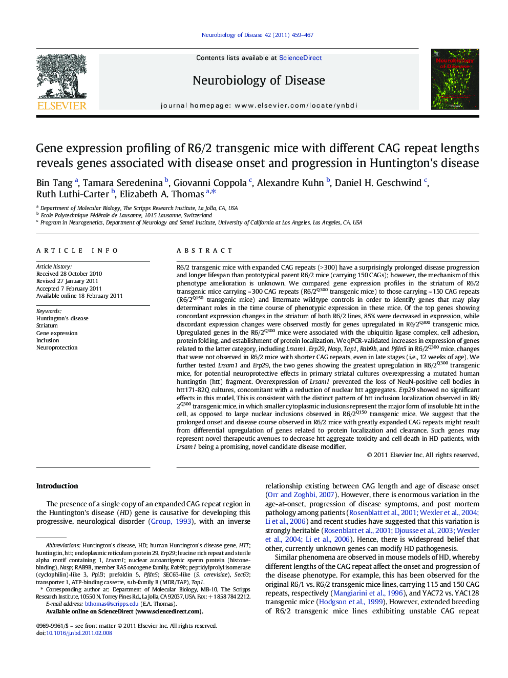 Gene expression profiling of R6/2 transgenic mice with different CAG repeat lengths reveals genes associated with disease onset and progression in Huntington's disease