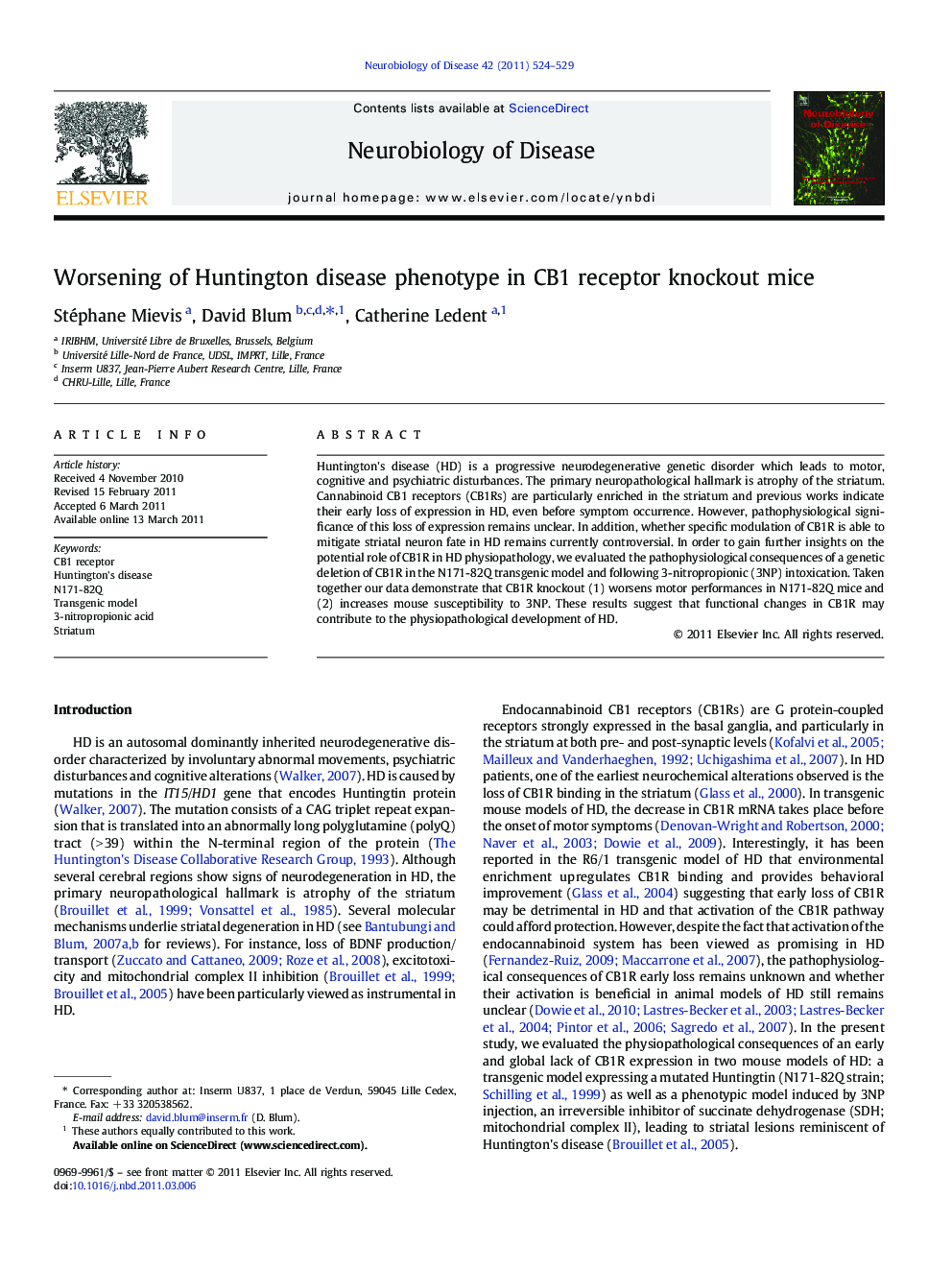 Worsening of Huntington disease phenotype in CB1 receptor knockout mice