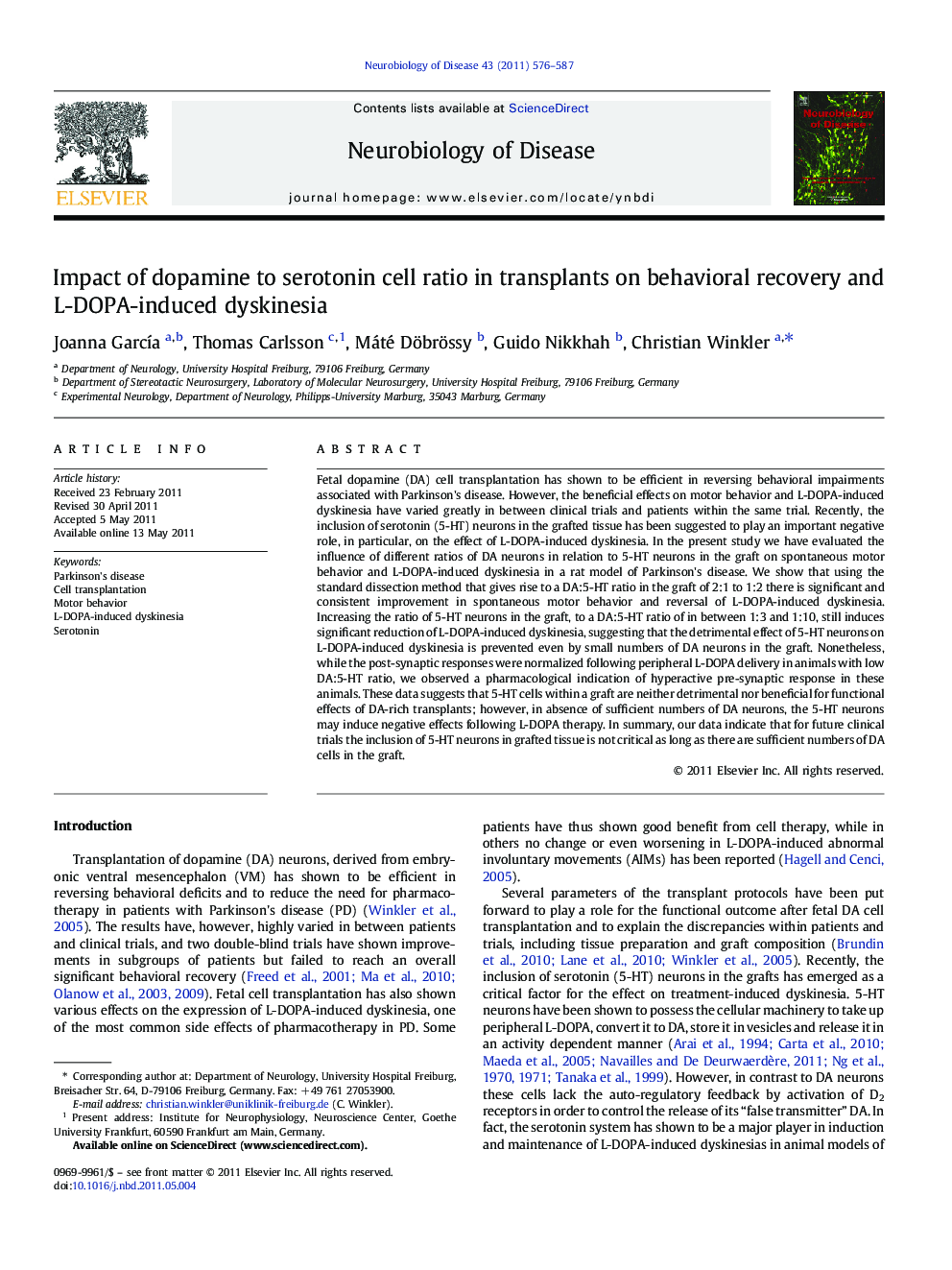 Impact of dopamine to serotonin cell ratio in transplants on behavioral recovery and L-DOPA-induced dyskinesia