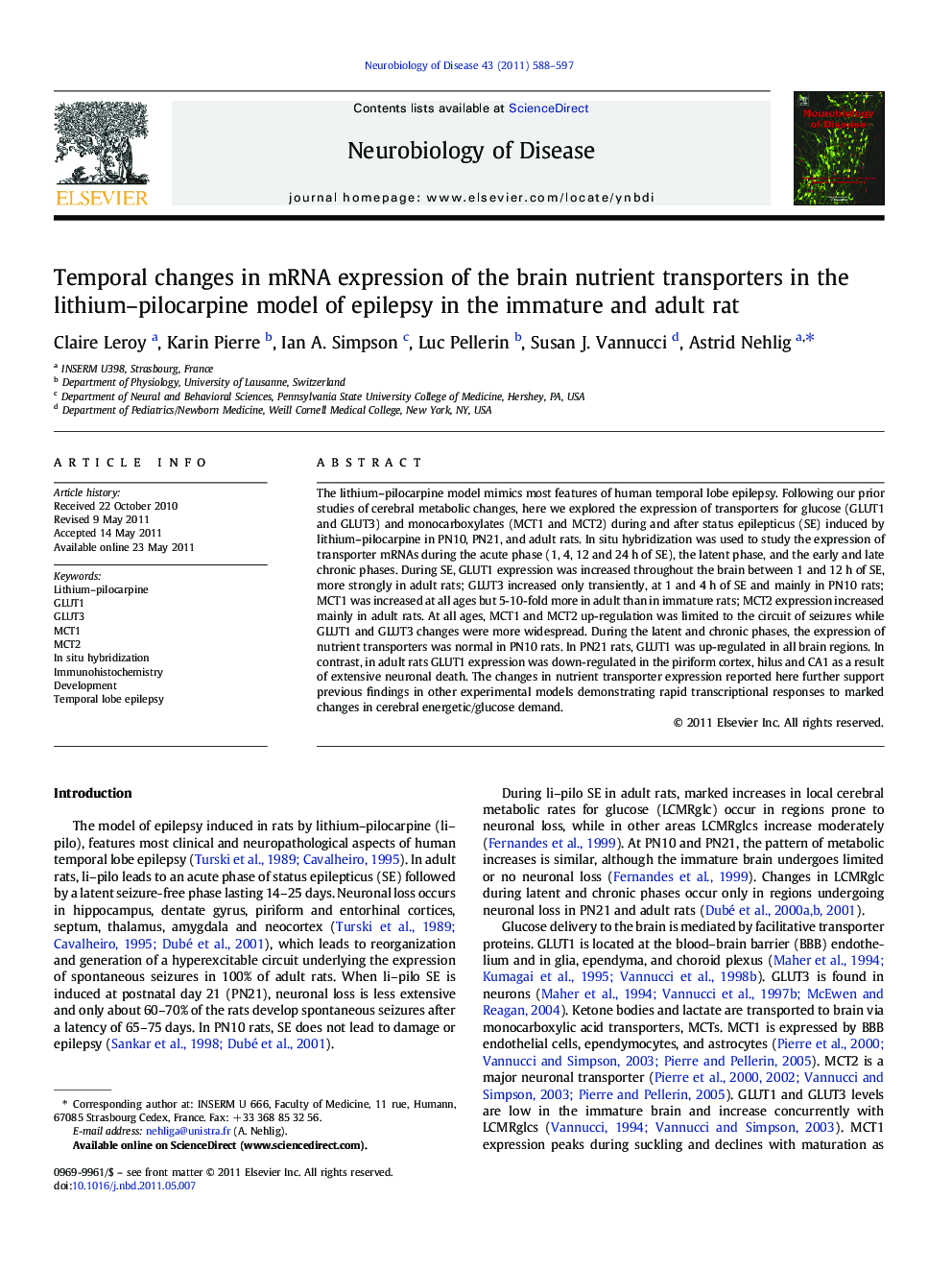 Temporal changes in mRNA expression of the brain nutrient transporters in the lithium-pilocarpine model of epilepsy in the immature and adult rat