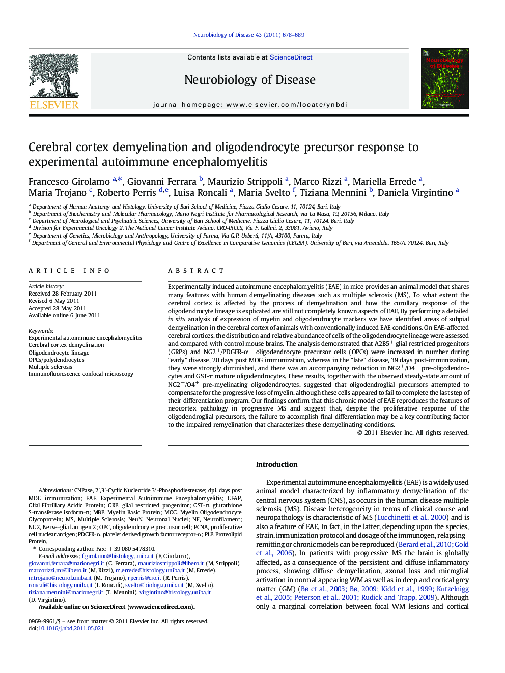 Cerebral cortex demyelination and oligodendrocyte precursor response to experimental autoimmune encephalomyelitis