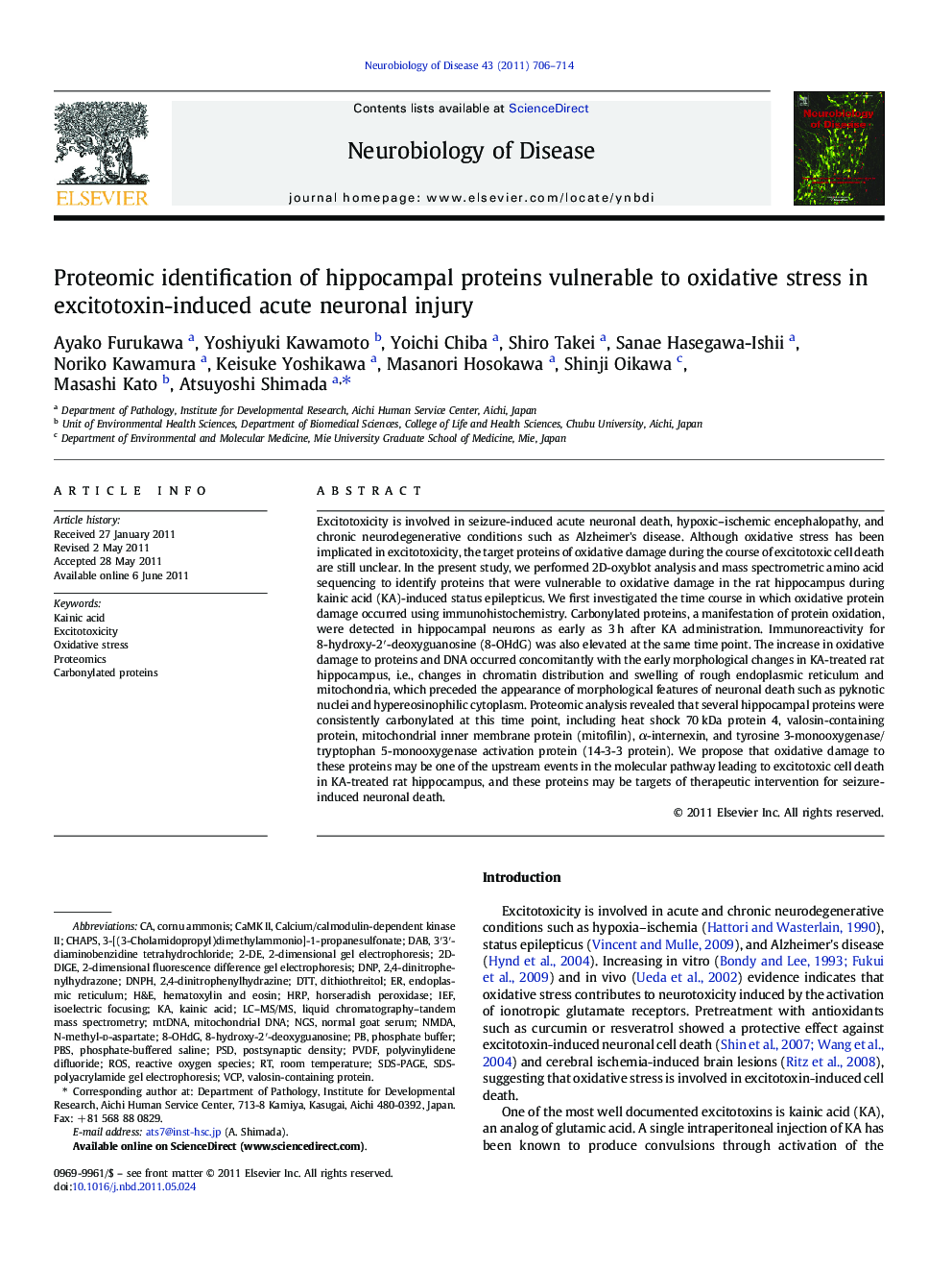 Proteomic identification of hippocampal proteins vulnerable to oxidative stress in excitotoxin-induced acute neuronal injury