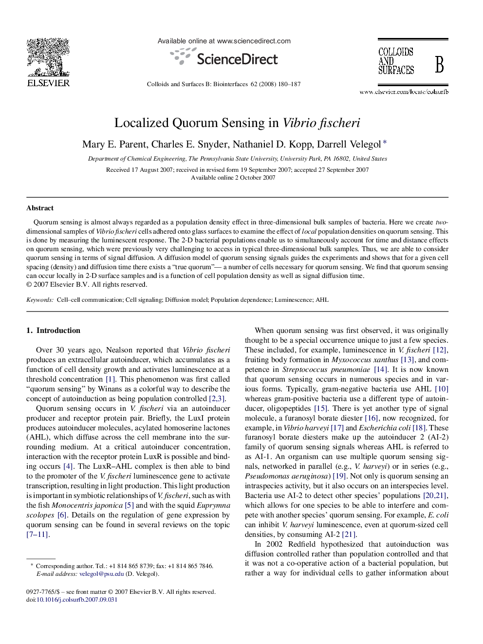 Localized Quorum Sensing in Vibrio fischeri