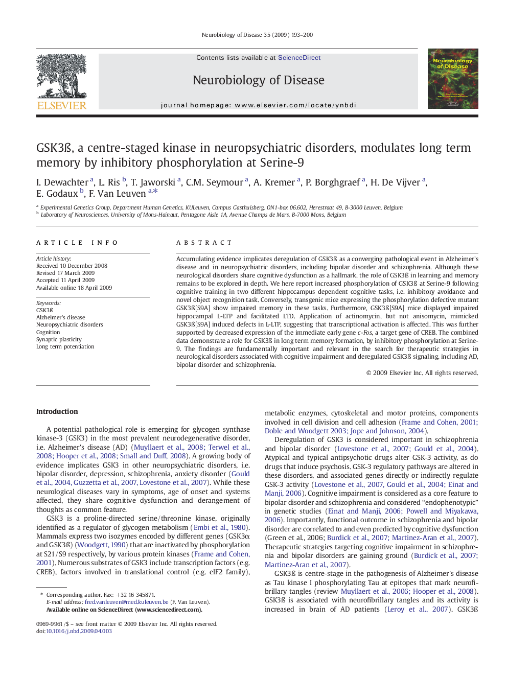 GSK3Ã, a centre-staged kinase in neuropsychiatric disorders, modulates long term memory by inhibitory phosphorylation at Serine-9