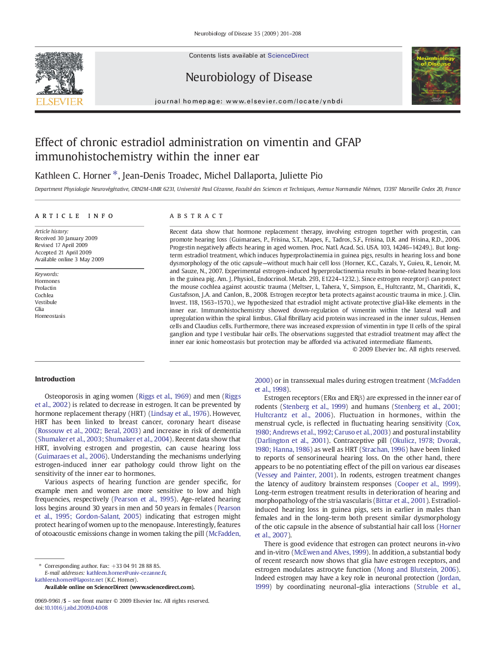 Effect of chronic estradiol administration on vimentin and GFAP immunohistochemistry within the inner ear