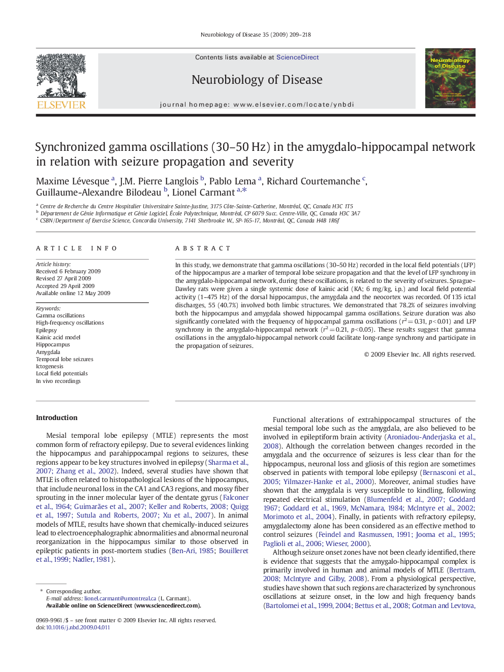 Synchronized gamma oscillations (30-50Â Hz) in the amygdalo-hippocampal network in relation with seizure propagation and severity