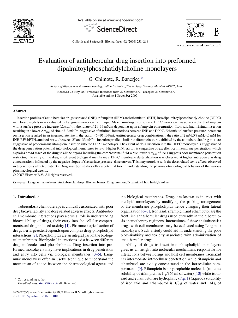Evaluation of antitubercular drug insertion into preformed dipalmitoylphosphatidylcholine monolayers