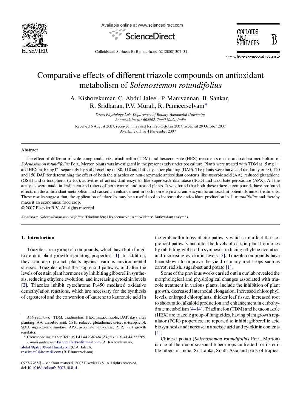 Comparative effects of different triazole compounds on antioxidant metabolism of Solenostemon rotundifolius