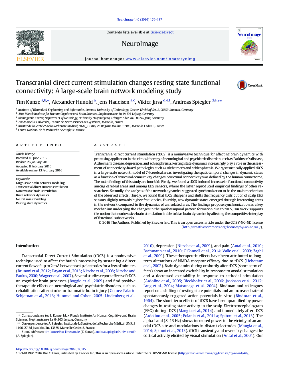 Transcranial direct current stimulation changes resting state functional connectivity: A large-scale brain network modeling study