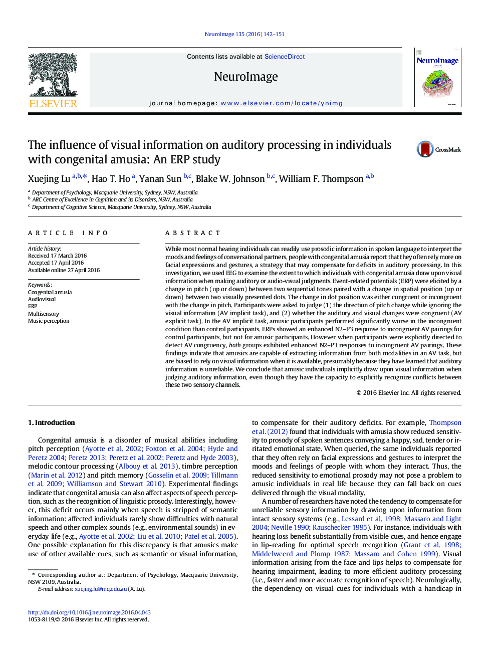 The influence of visual information on auditory processing in individuals with congenital amusia: An ERP study