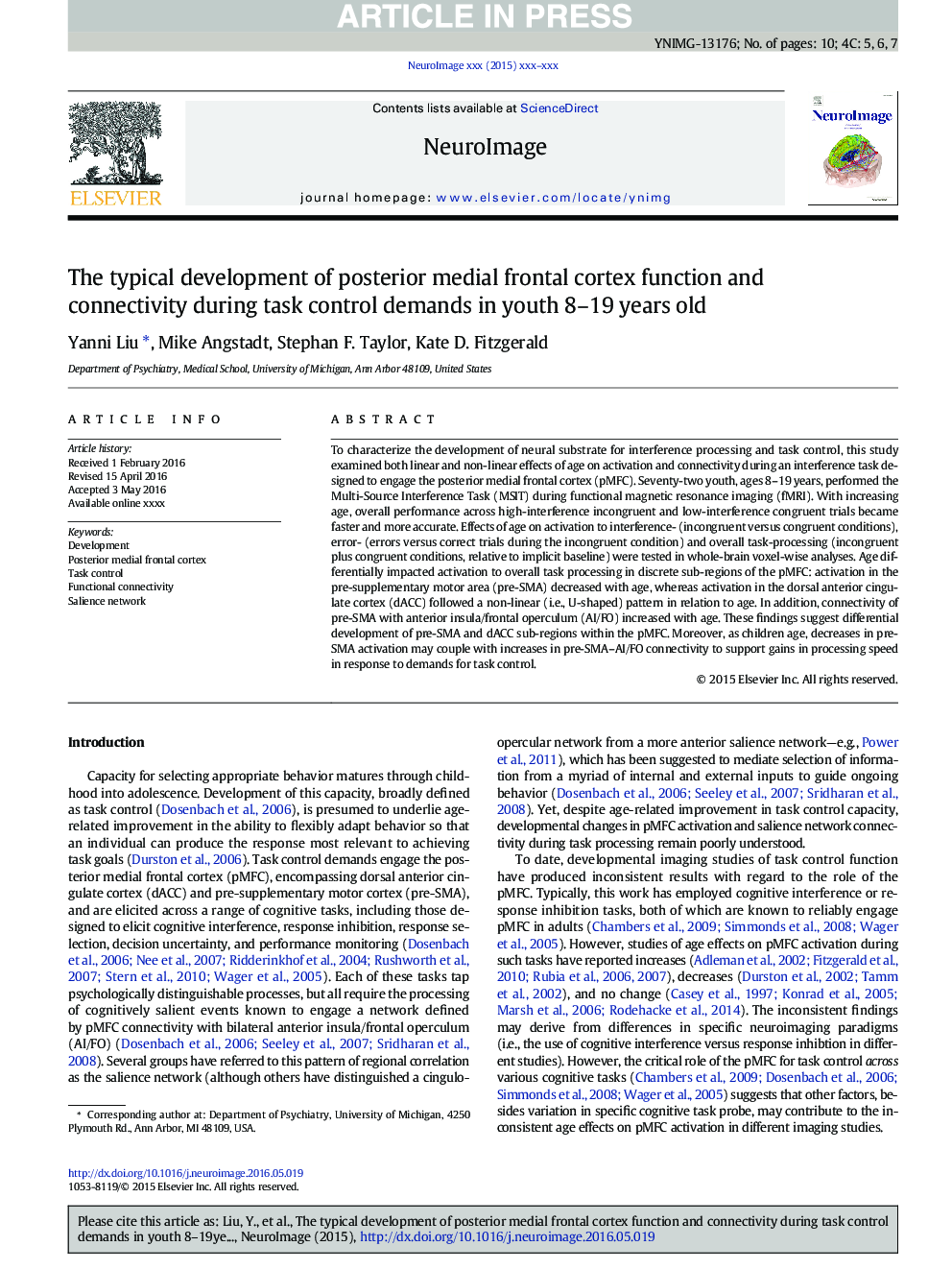 The typical development of posterior medial frontal cortex function and connectivity during task control demands in youth 8-19Â years old