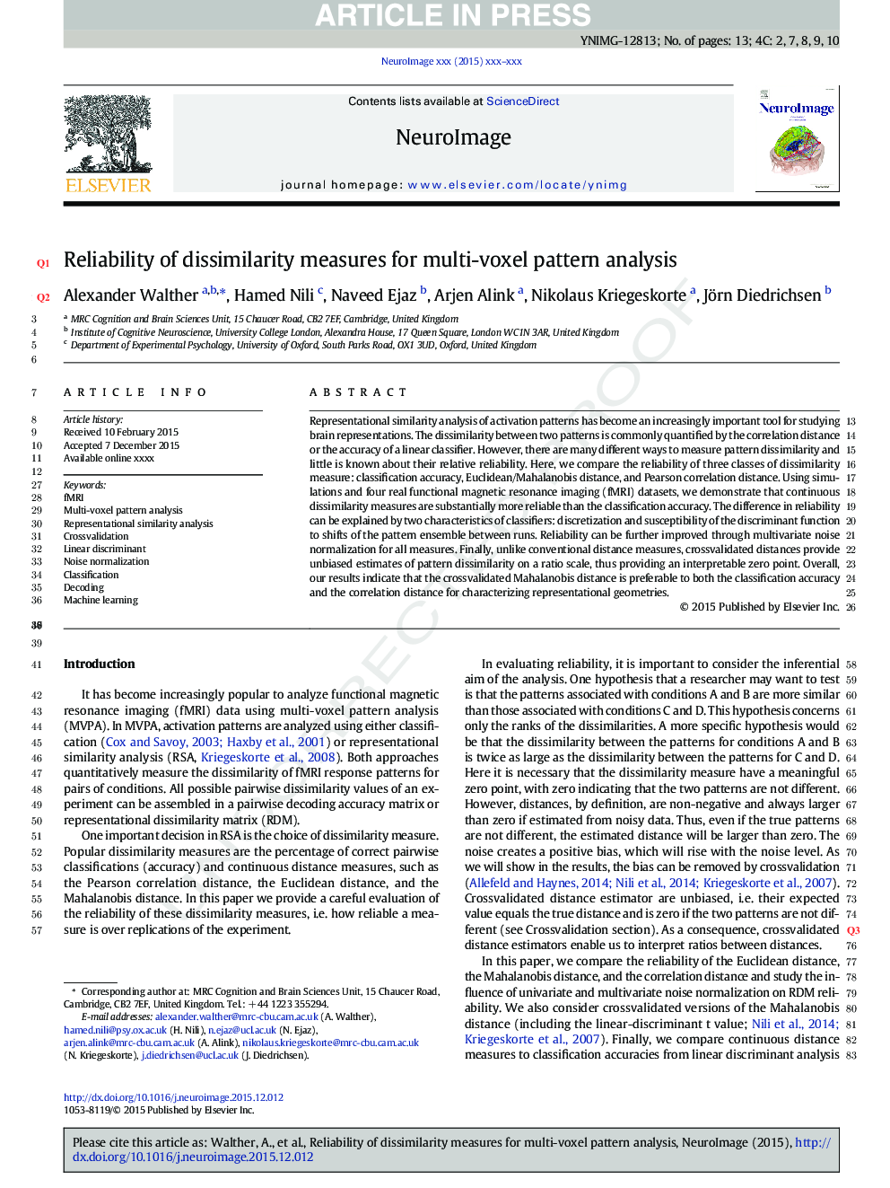 Reliability of dissimilarity measures for multi-voxel pattern analysis