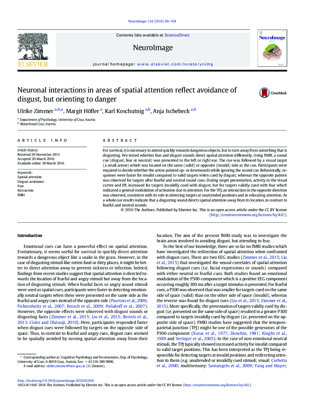 Neuronal interactions in areas of spatial attention reflect avoidance of disgust, but orienting to danger