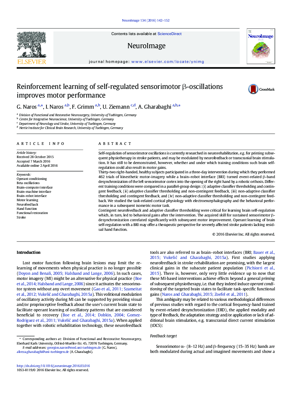 Reinforcement learning of self-regulated sensorimotor Î²-oscillations improves motor performance