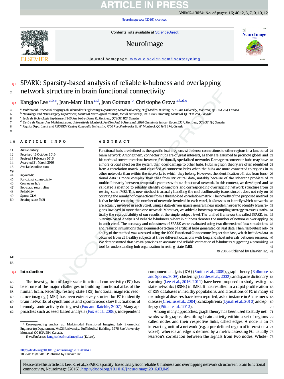 SPARK: Sparsity-based analysis of reliable k-hubness and overlapping network structure in brain functional connectivity