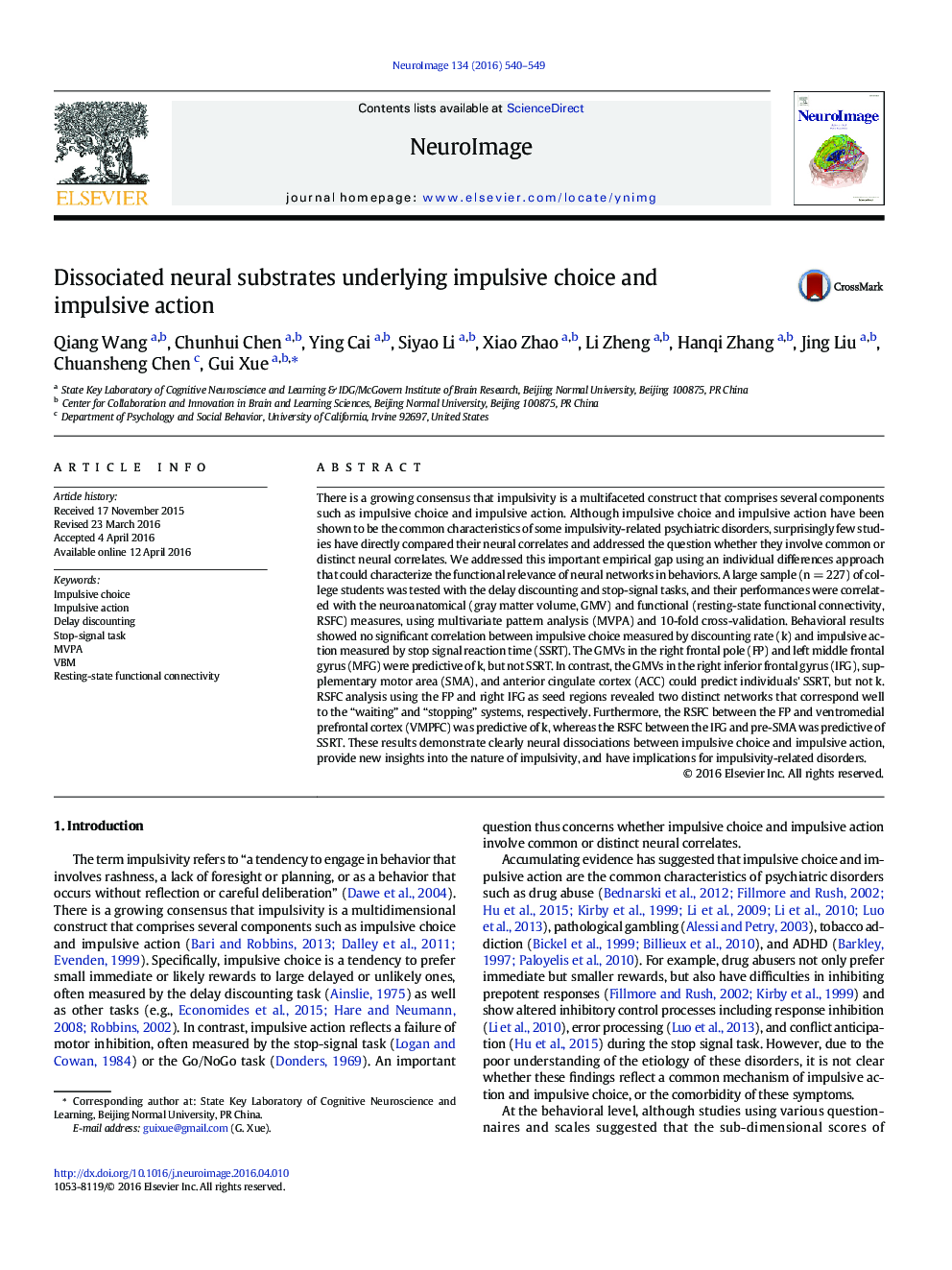 Dissociated neural substrates underlying impulsive choice and impulsive action