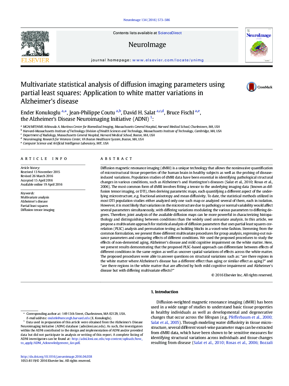 Multivariate statistical analysis of diffusion imaging parameters using partial least squares: Application to white matter variations in Alzheimer's disease