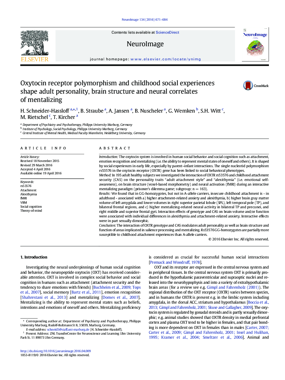 Oxytocin receptor polymorphism and childhood social experiences shape adult personality, brain structure and neural correlates of mentalizing